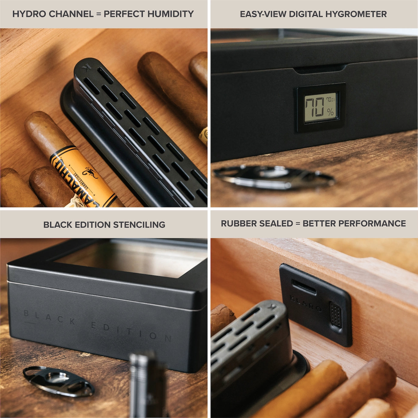 Matte black MAG Desktop Humidor with Spanish cedar inlay, digital hygrometer, and innovative Hydro Channel system
