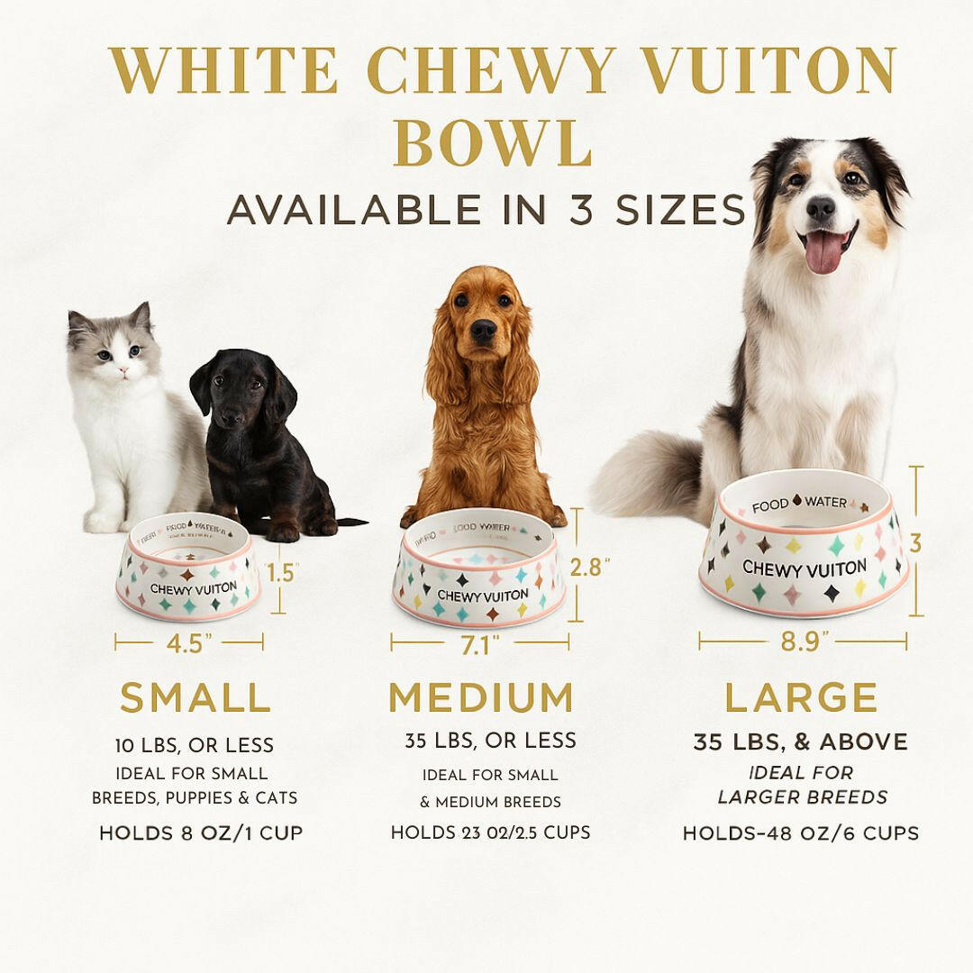 Chewy Vuiton luxury dog bowl with non-skid base in small, medium, and large sizes