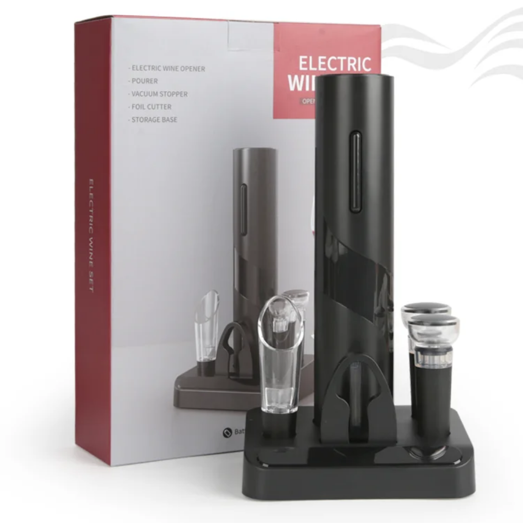 Electric wine bottle opener in use on dining table, sleek modern design.