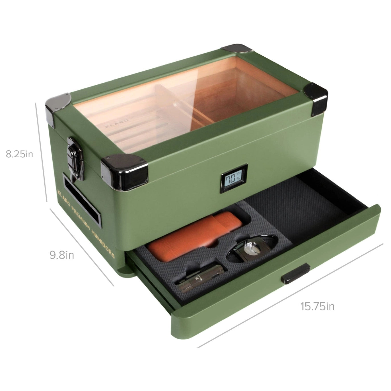 Military cigar humidor with 100 capacity, durable rugged tank style and glass-top cedar storage box for cigars