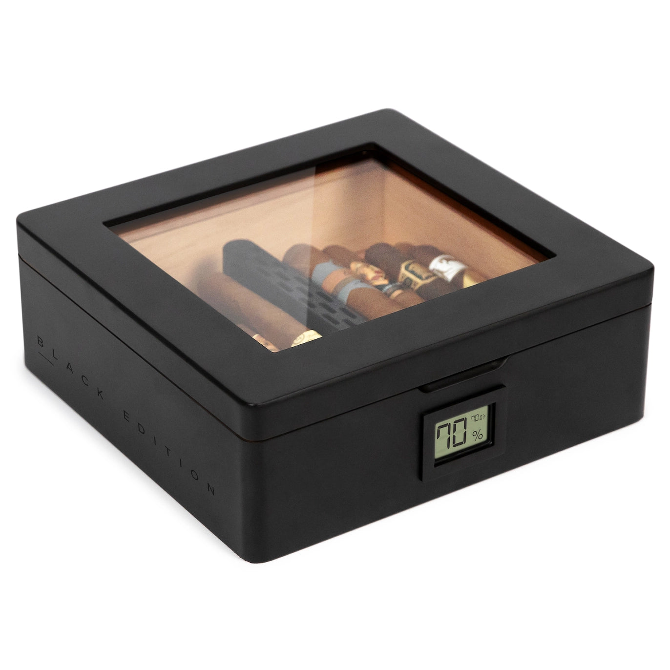 Matte black MAG Desktop Humidor with Spanish cedar inlay, digital hygrometer, and innovative Hydro Channel system