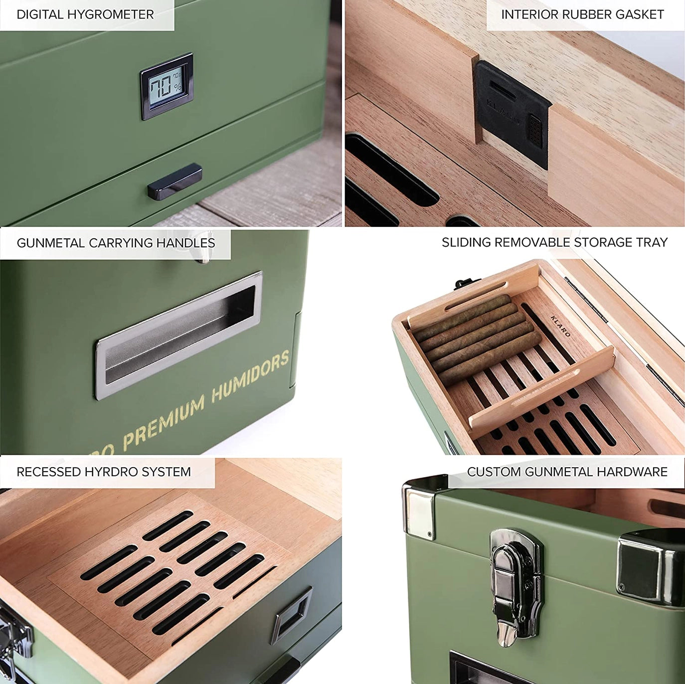 Military cigar humidor with 100 capacity, durable rugged tank style and glass-top cedar storage box for cigars