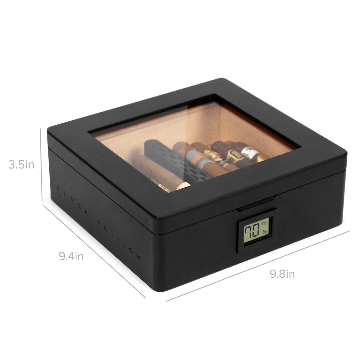 Matte black MAG Desktop Humidor with Spanish cedar inlay, digital hygrometer, and innovative Hydro Channel system
