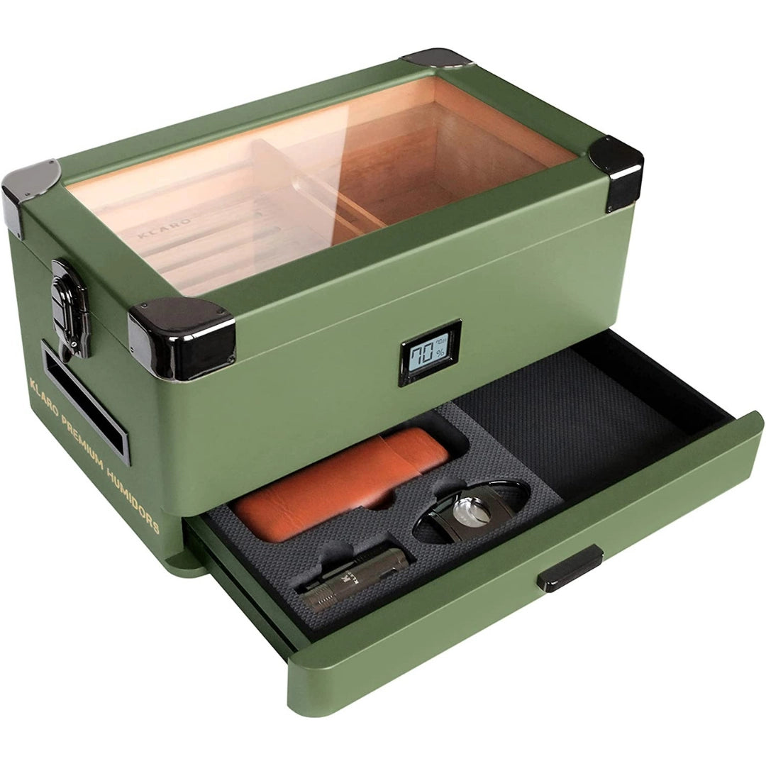 Military cigar humidor with 100 capacity, durable rugged tank style and glass-top cedar storage box for cigars