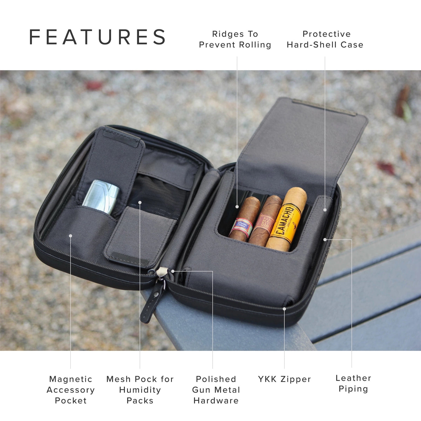 Close-up of Flint’s matte black leather texture and zipper finish