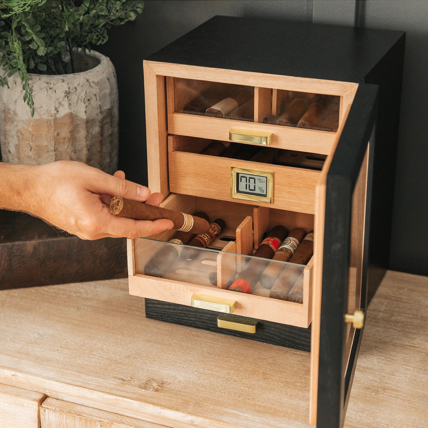The Luca Humidor Cabinet – Black Ash & Gold.