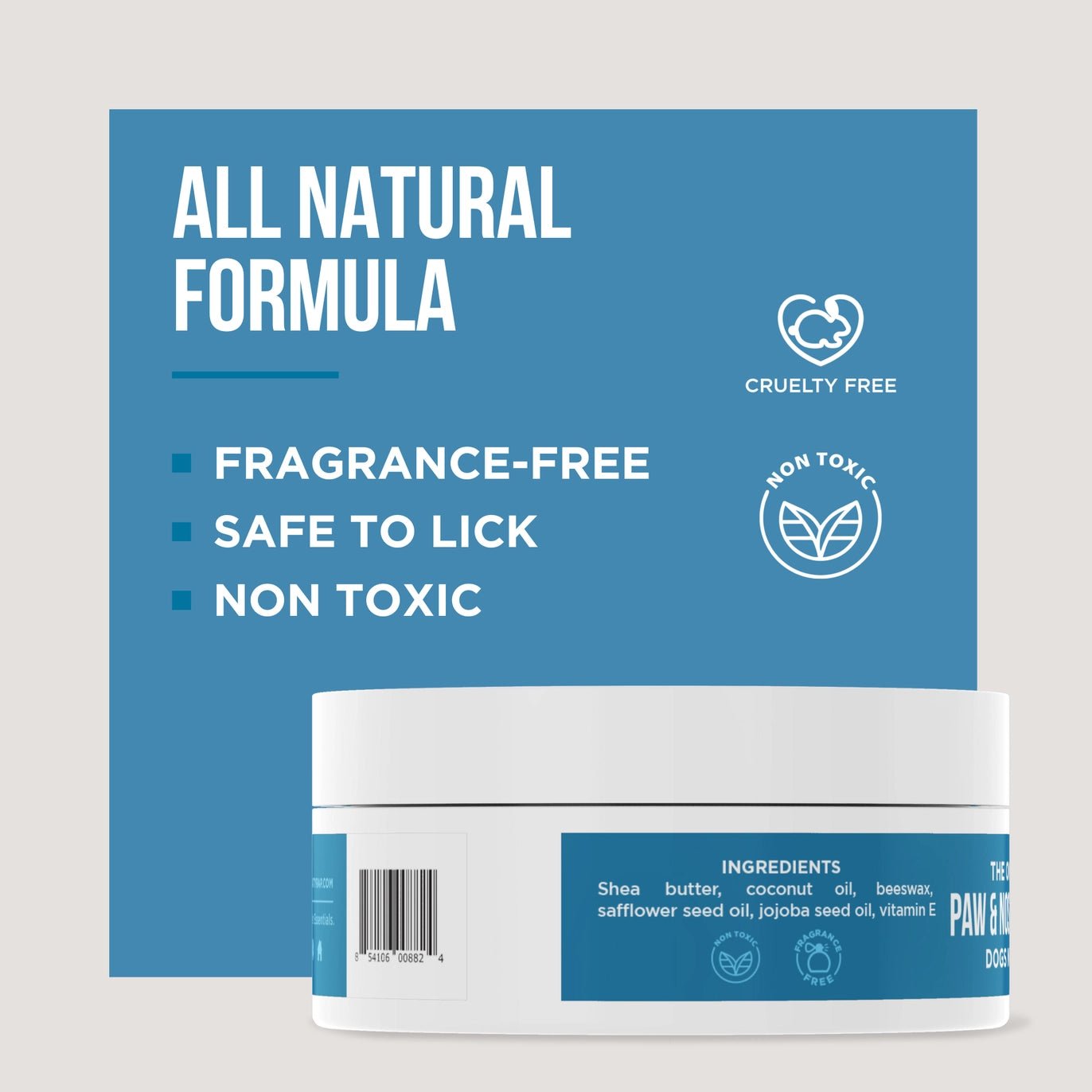 Paw balm and nose balm, safe non-toxic formula, fragrance-free, lick-safe to hydrate and soothe pets effectively