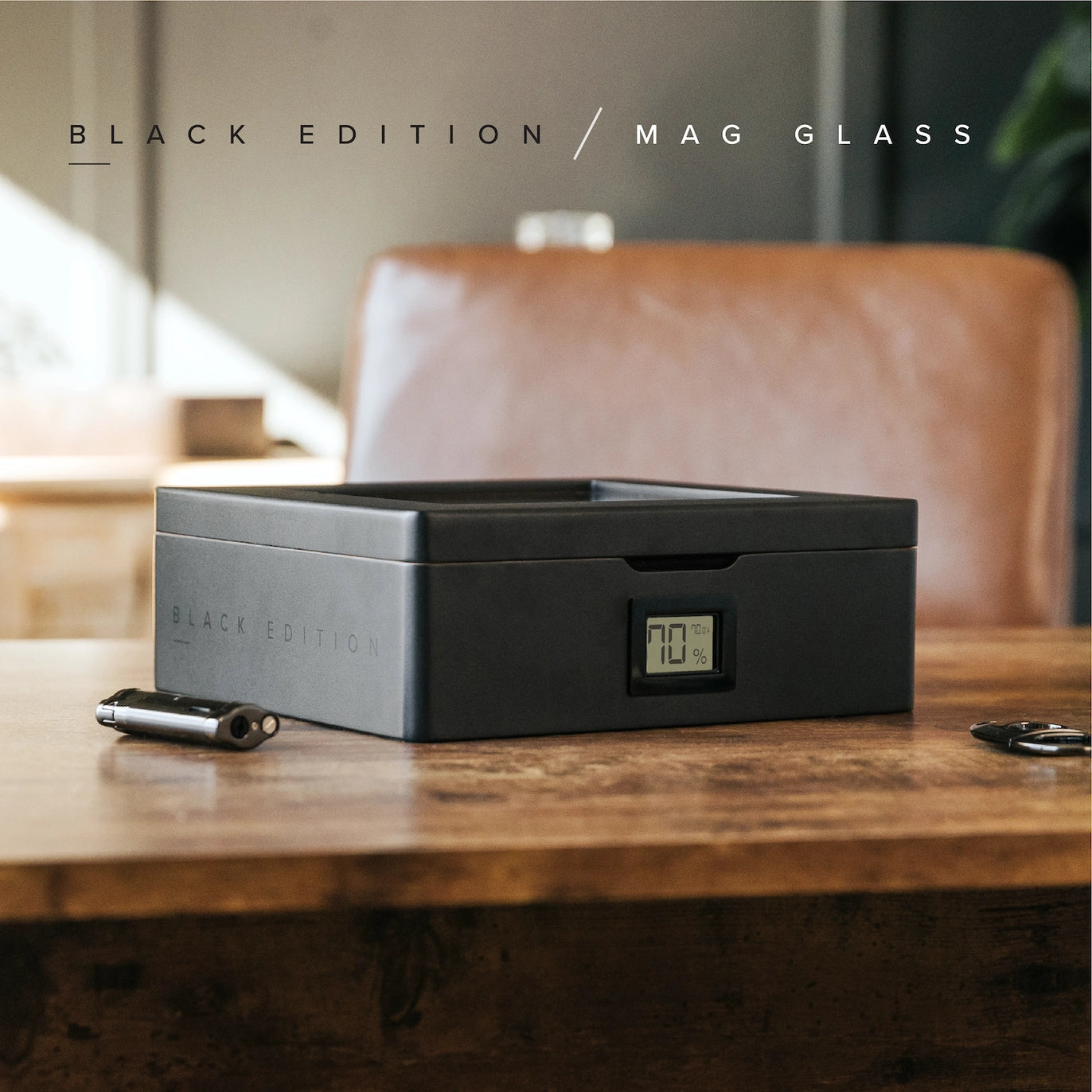 Matte black MAG Desktop Humidor with Spanish cedar inlay, digital hygrometer, and innovative Hydro Channel system