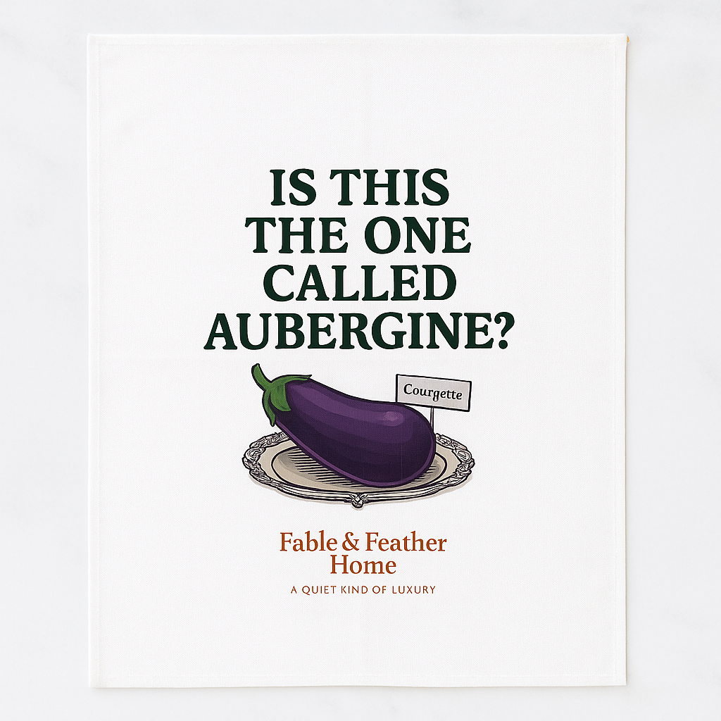 Is This the One Called Aubergine? – Tea Towel Layed out on the counter