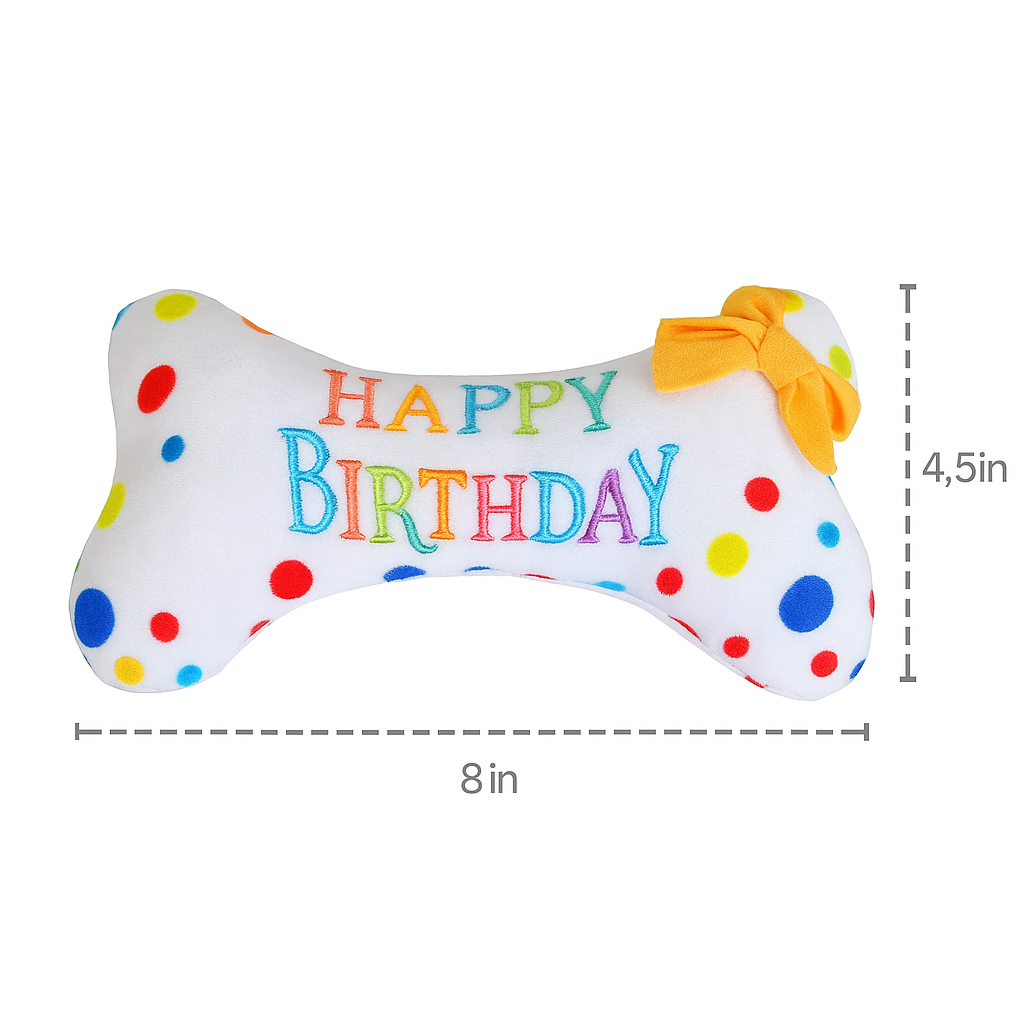 Birthday dog toy plush squeaky, colorful soft chew bone for pet birthday celebrations and gifts