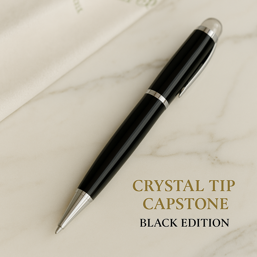 Luxury black ballpoint pen with crystal tip, executive writing instrument, premium designer gift pen