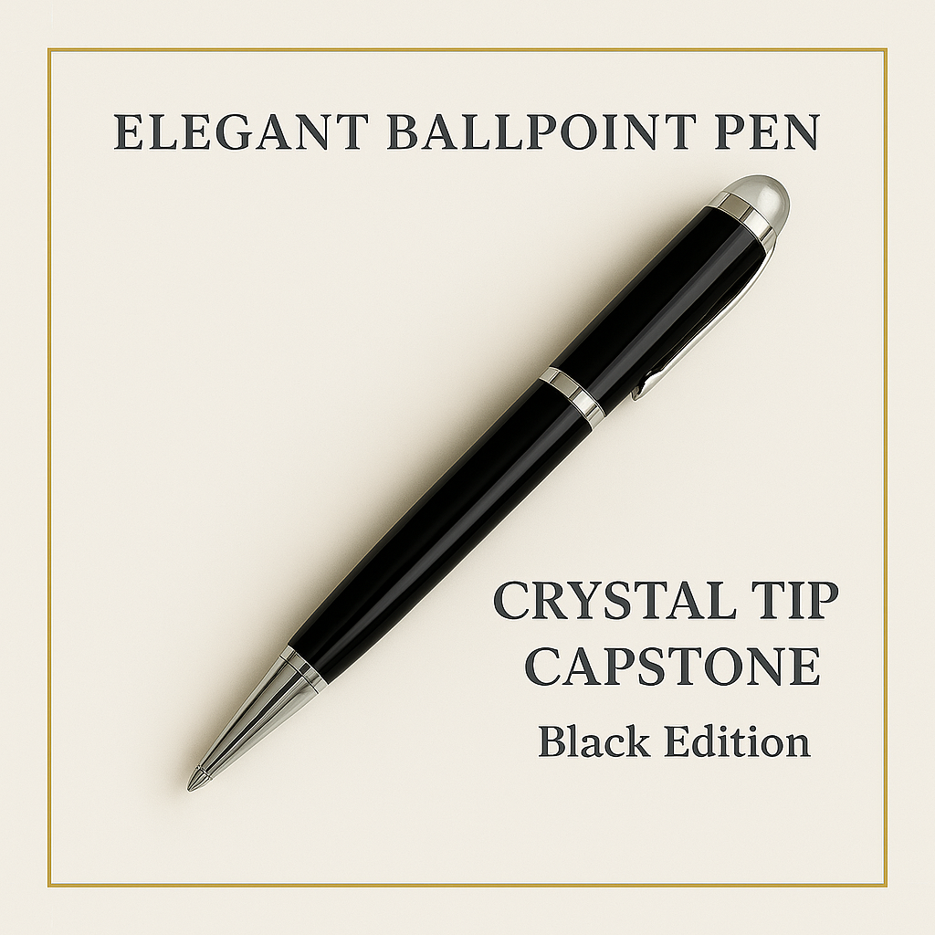 Luxury black ballpoint pen with crystal tip, executive writing instrument, premium designer gift pen