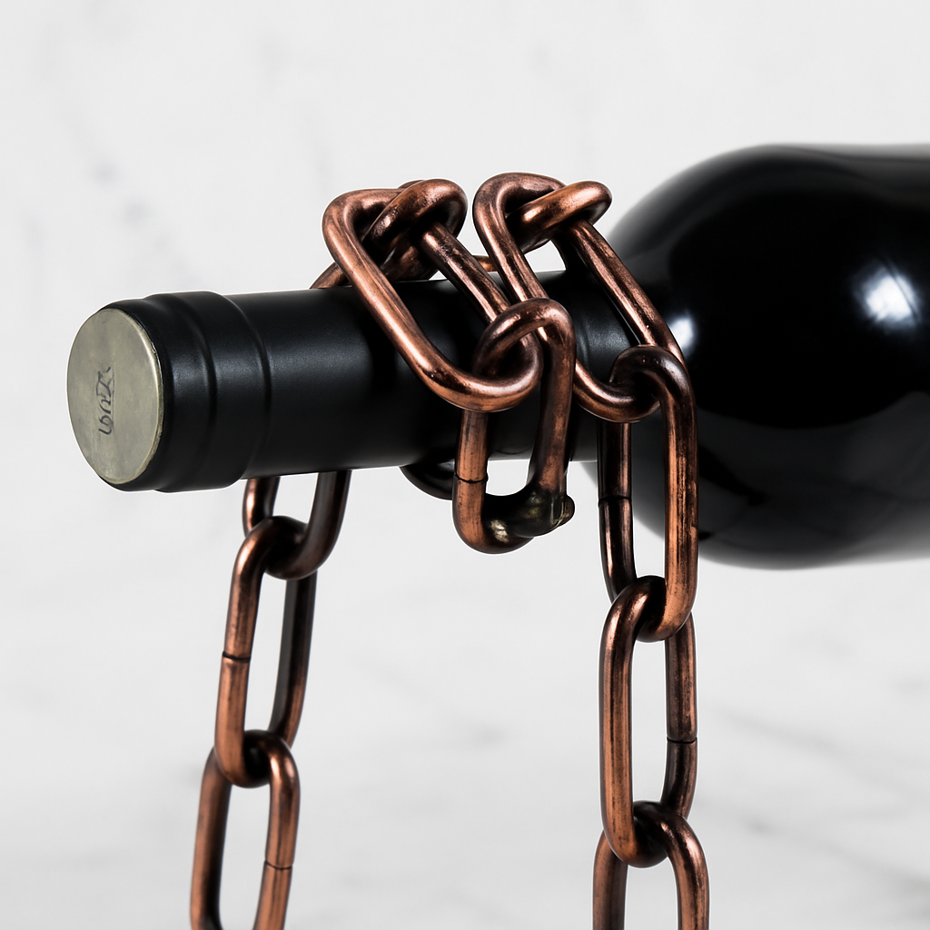 Floating chain wine bottle holder in copper, modern gravity wine rack, unique luxury wine stand for elegant display