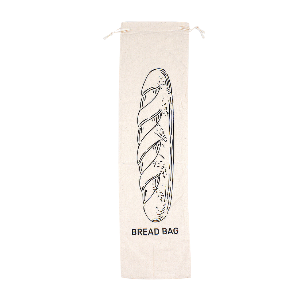 Close-up of Fable & Feather Home cotton bread bag logo on beige fabric drawstring design