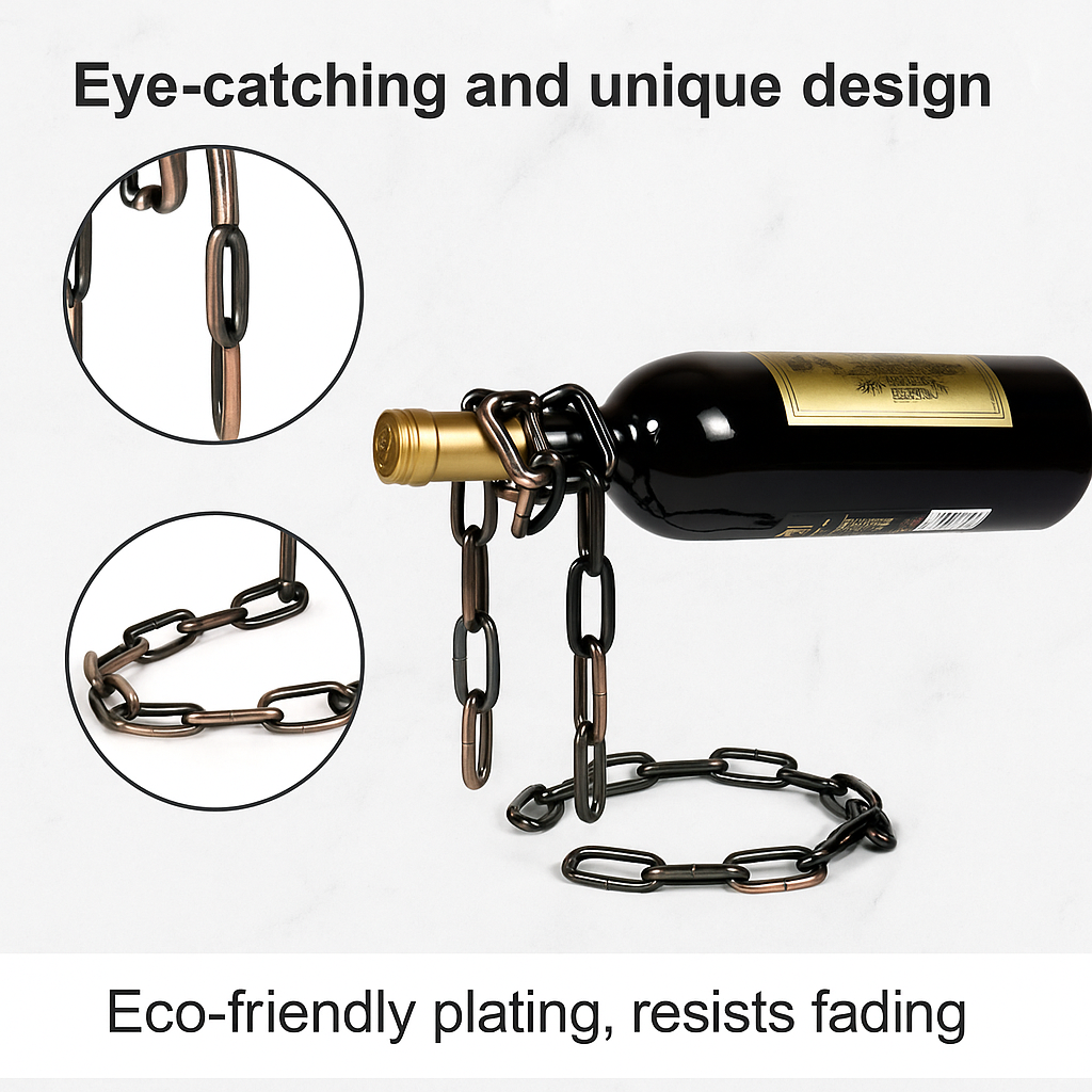 Floating chain wine bottle holder in copper, modern gravity wine rack, unique luxury wine stand for elegant display