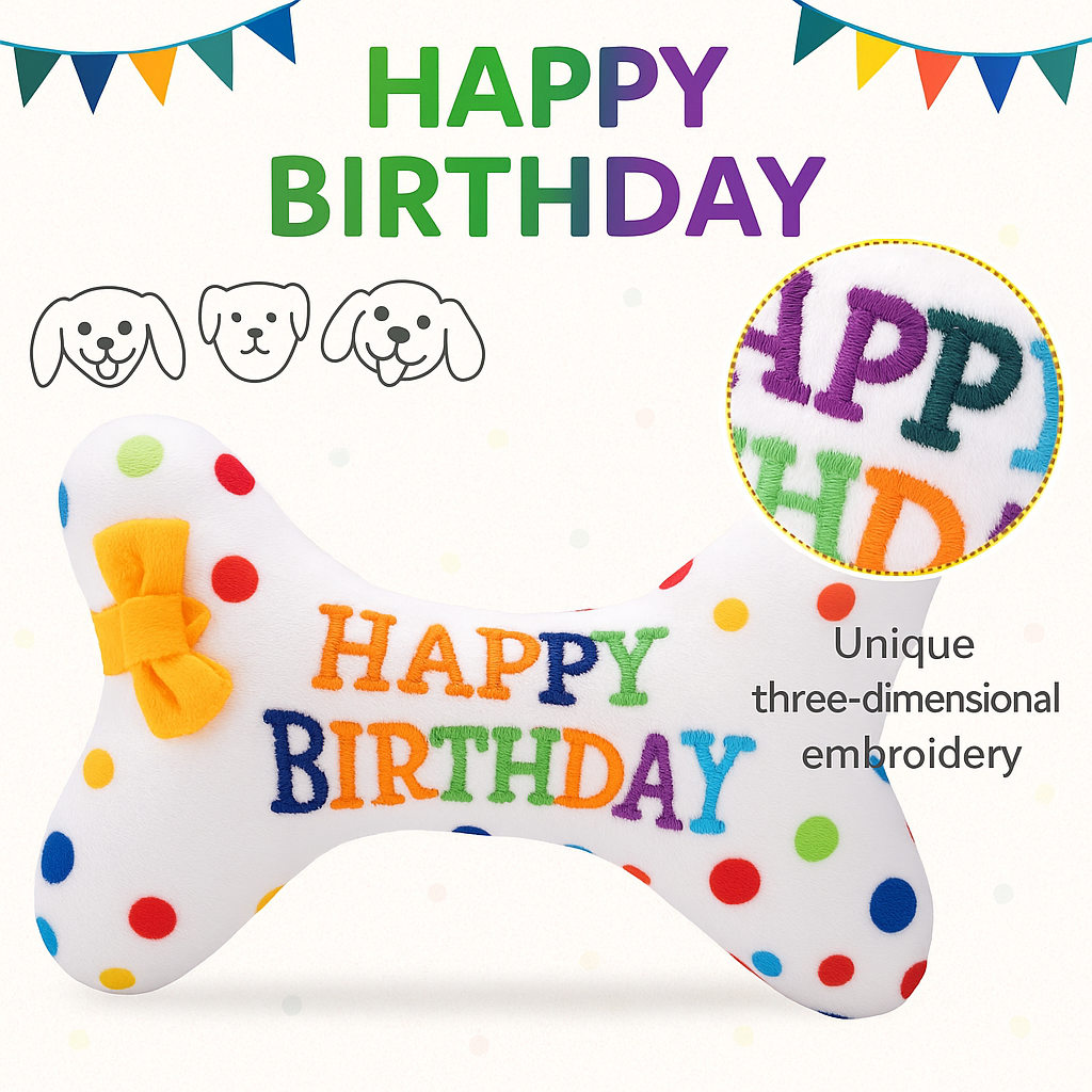 Birthday dog toy plush squeaky, colorful soft chew bone for pet birthday celebrations and gifts