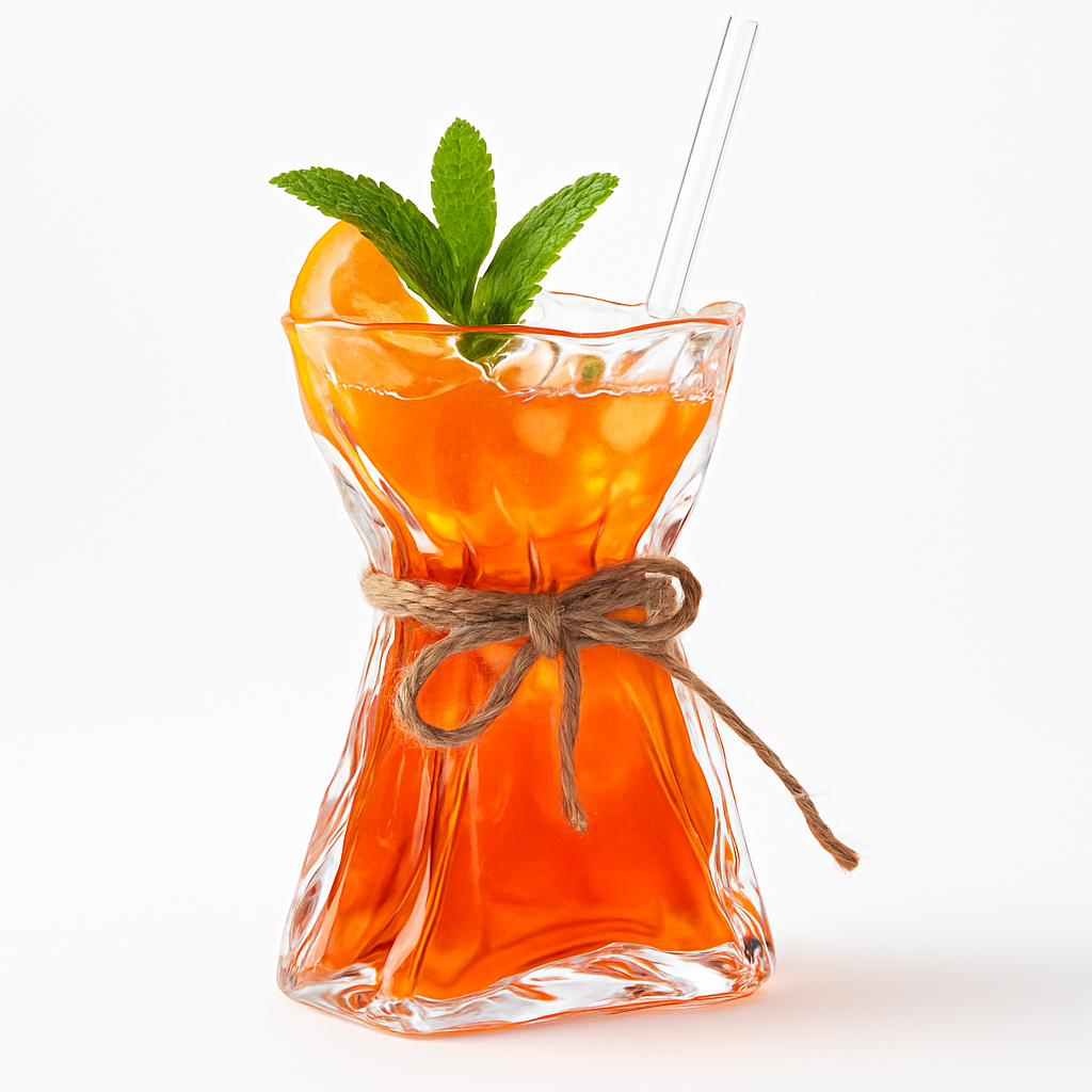 Folded Glass Cocktail Vase filled with an orange cocktail, garnished with fresh mint and citrus, styled on a white background.