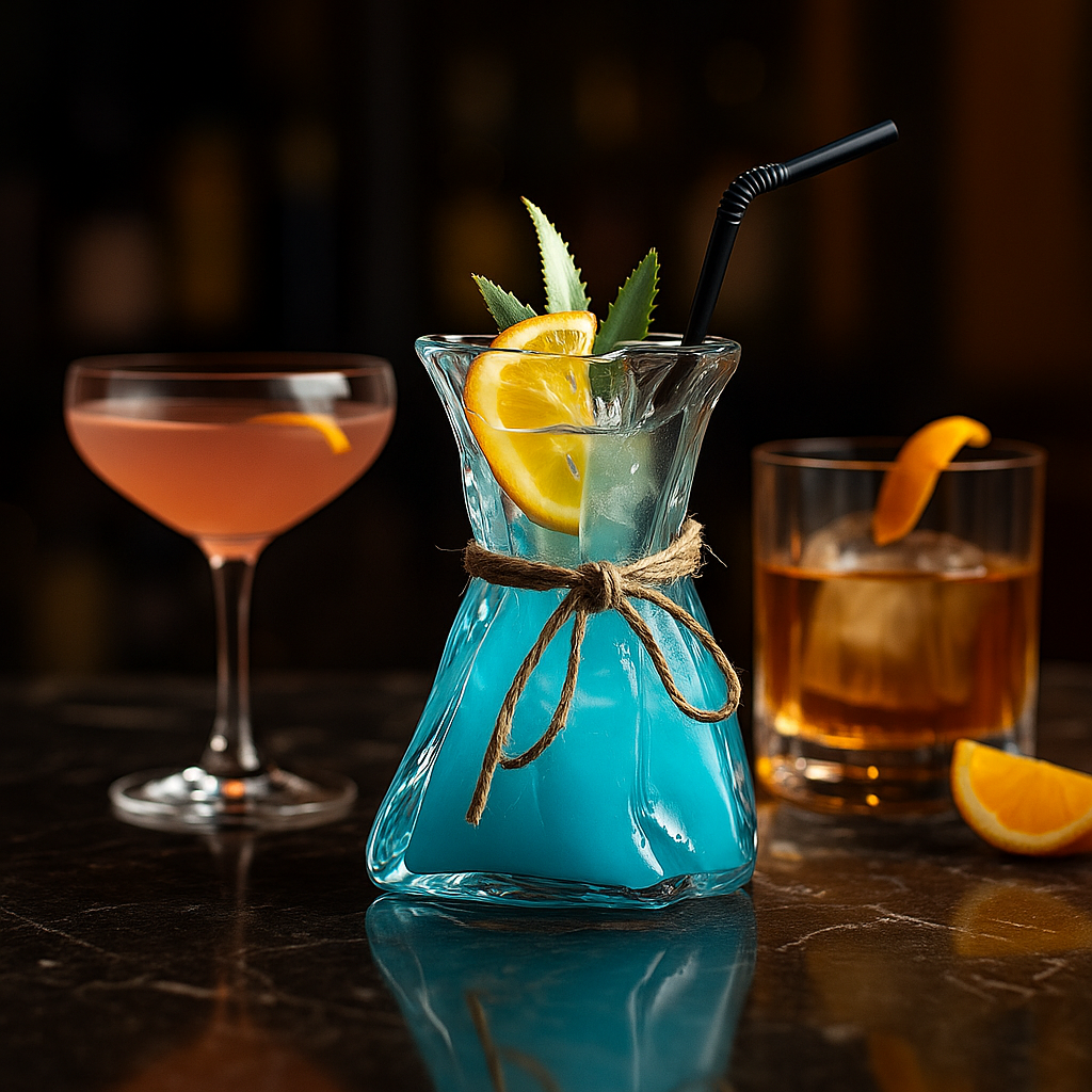 Luxury bar scene featuring the Folded Glass Cocktail Vase with a turquoise cocktail, flanked by a coupe glass with pink spritz and a rocks glass with whiskey.