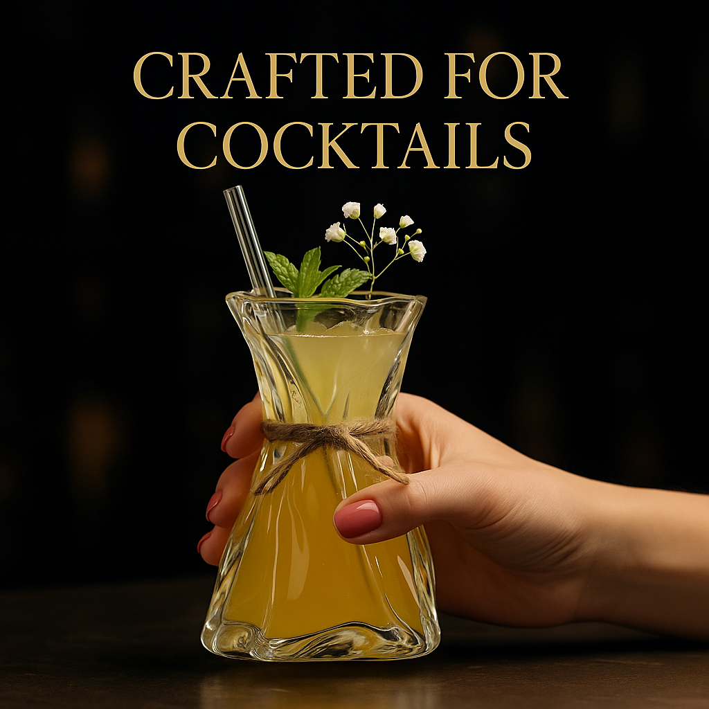 Female hand holding the Folded Glass Cocktail Vase with a yellow cocktail, mint garnish, and gold text overlay reading ‘Crafted for Cocktails.’