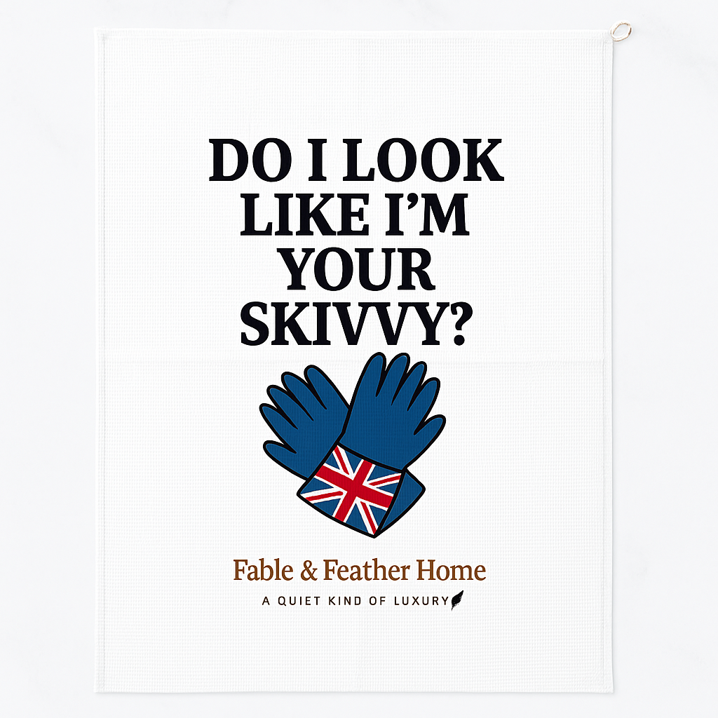 Do I Look Like I’m Your Skivvy? – Tea Towel Layed Flat On A Marble Counter.