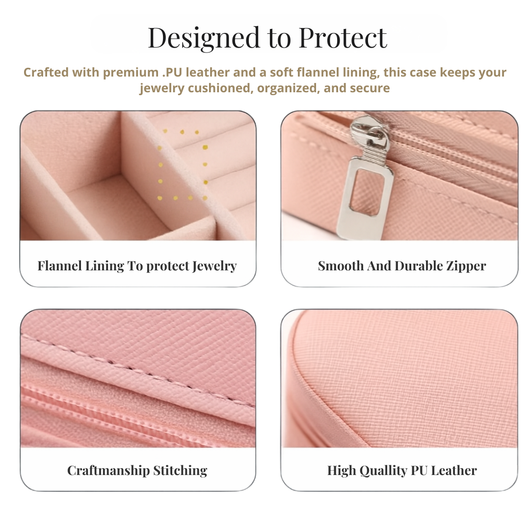 Travel jewelry case features – soft lining, smooth zipper, waterproof PU leather, and durable stitching.