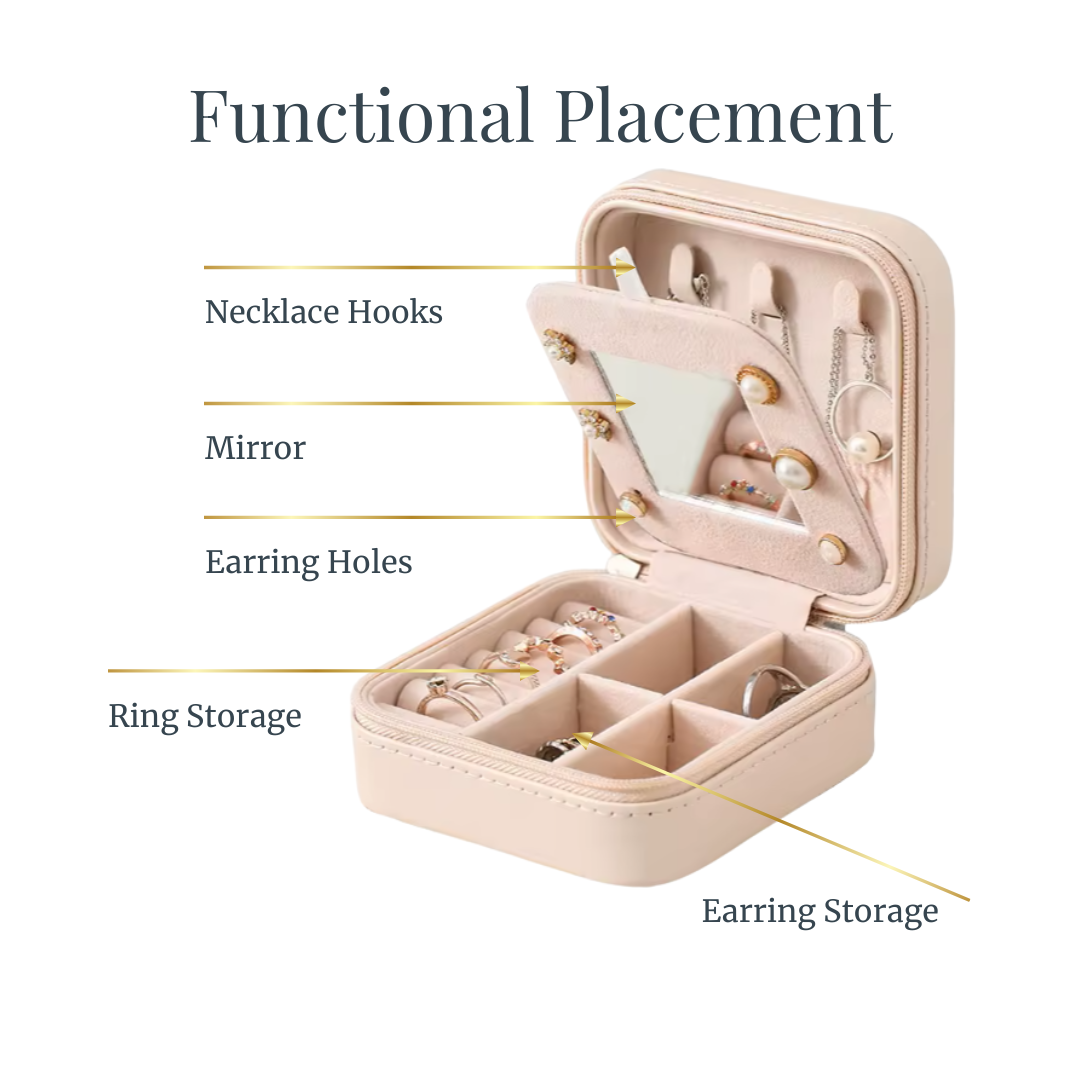 Functional layout of travel jewelry case showing necklace hooks, ring slots, earring holes, and storage compartments.
