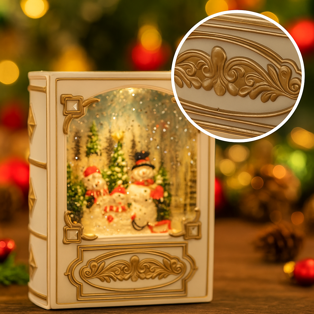 Close-up circular detail of Snowman Family Christmas Storybook Light highlighting ornate scrollwork and glitter sparkle.
