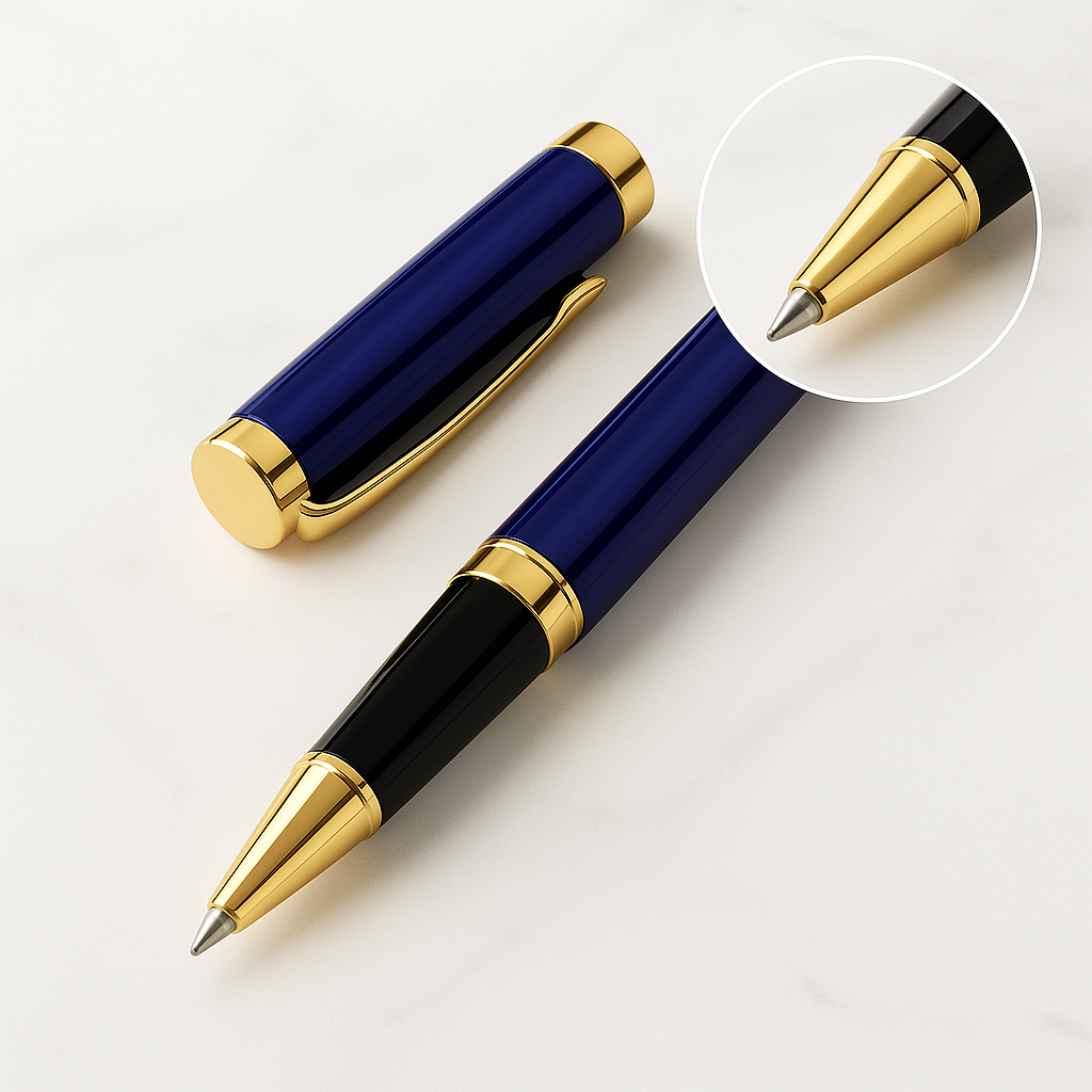Luxury Blue & Gold Rollerball Pen – Stainless Steel, Black Ink.