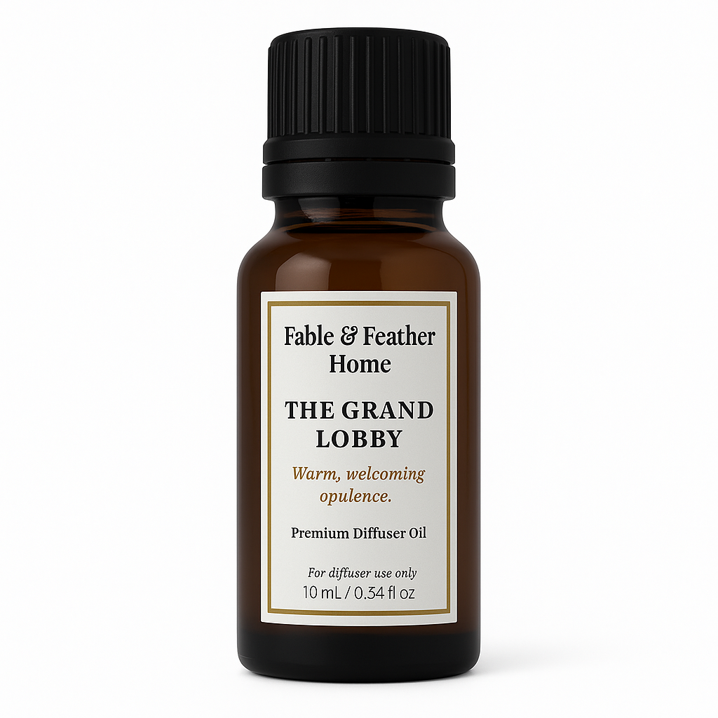 The Grand Lobby diffuser oil 10 ml amber bottle – warm, elegant, hotel-inspired home scent by Fable & Feather Home.