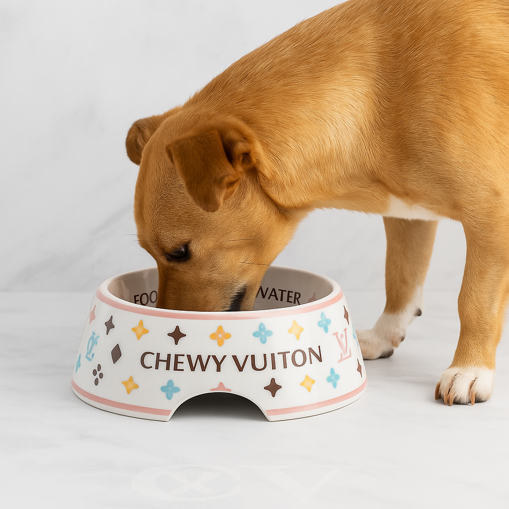 Chewy Vuiton luxury dog bowl with non-skid base in small, medium, and large sizes