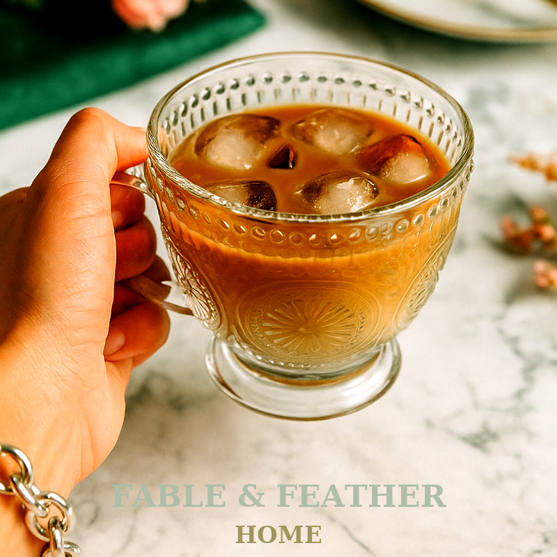 Hand-held embossed glass cup with iced coffee, 400 ml