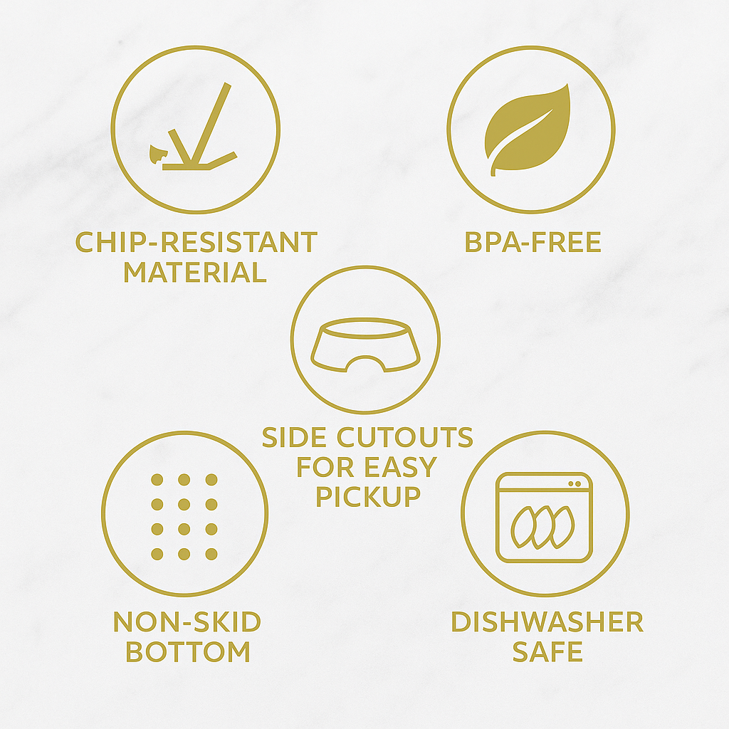 Chewy Vuiton luxury dog bowl with non-skid base in small, medium, and large sizes