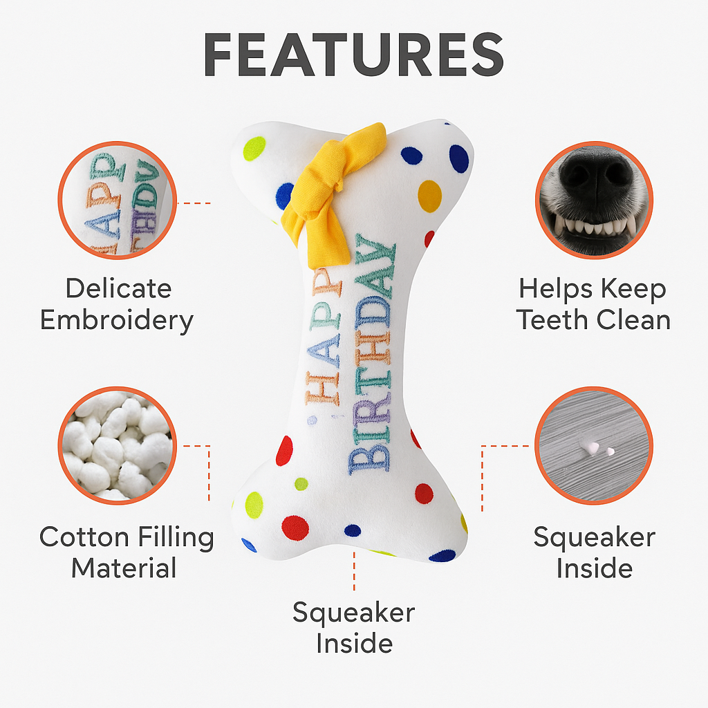 Birthday dog toy plush squeaky, colorful soft chew bone for pet birthday celebrations and gifts