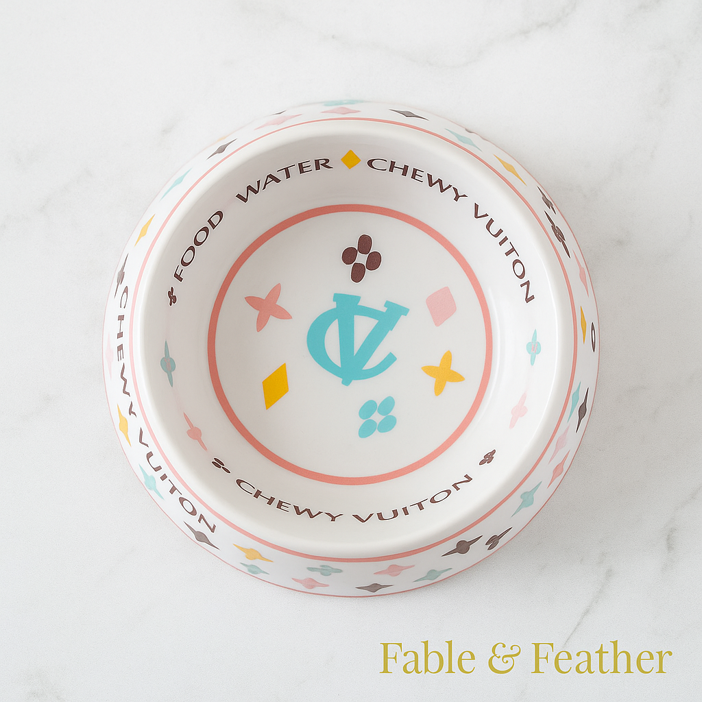 Chewy Vuiton luxury dog bowl with non-skid base in small, medium, and large sizes
