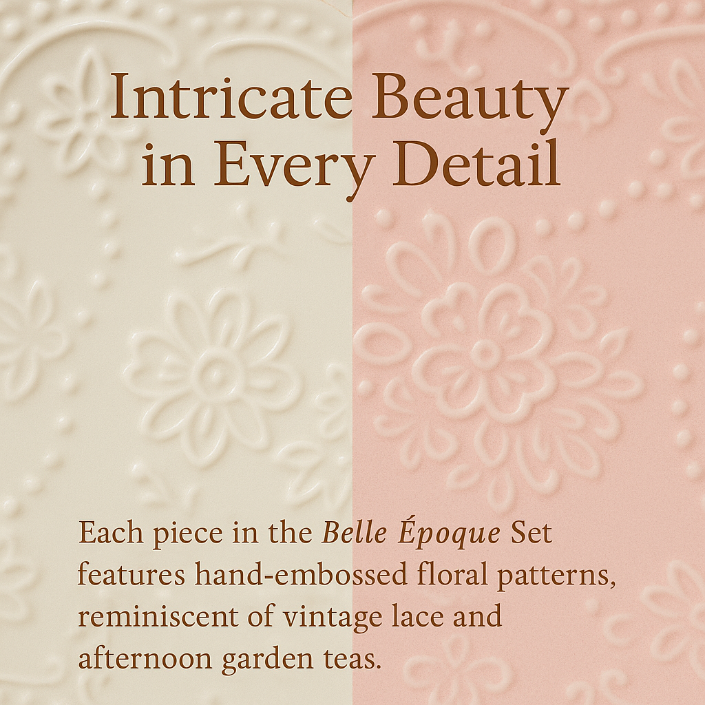 Elegant Belle Époque ceramic dessert bowl set with plate and spoon, pink-white embossed design for luxury dining