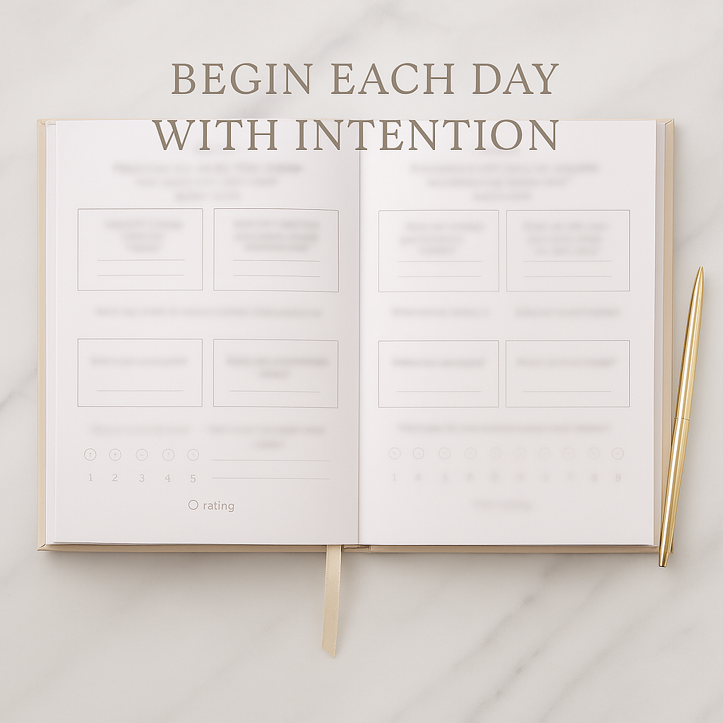 Open Daily Self-Care Journal showing guided pages and gold ribbon – begin each day with intention.