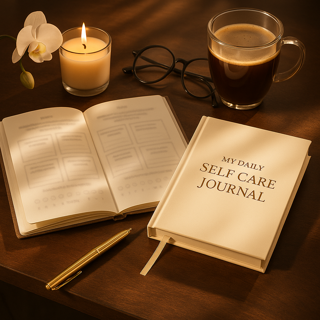 Daily Self-Care Journal open on desk with candle, glasses, and coffee – intimate self-care ritual setup.