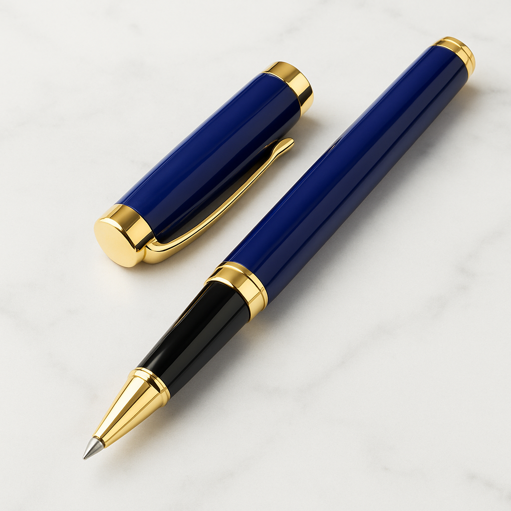 Luxury Blue & Gold Rollerball Pen – Stainless Steel, Black Ink.