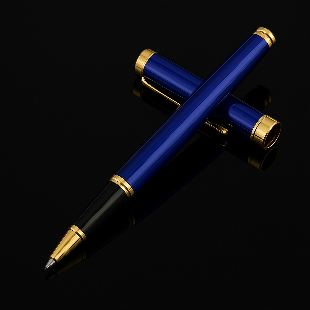 Luxury Blue & Gold Rollerball Pen – Stainless Steel, Black Ink.