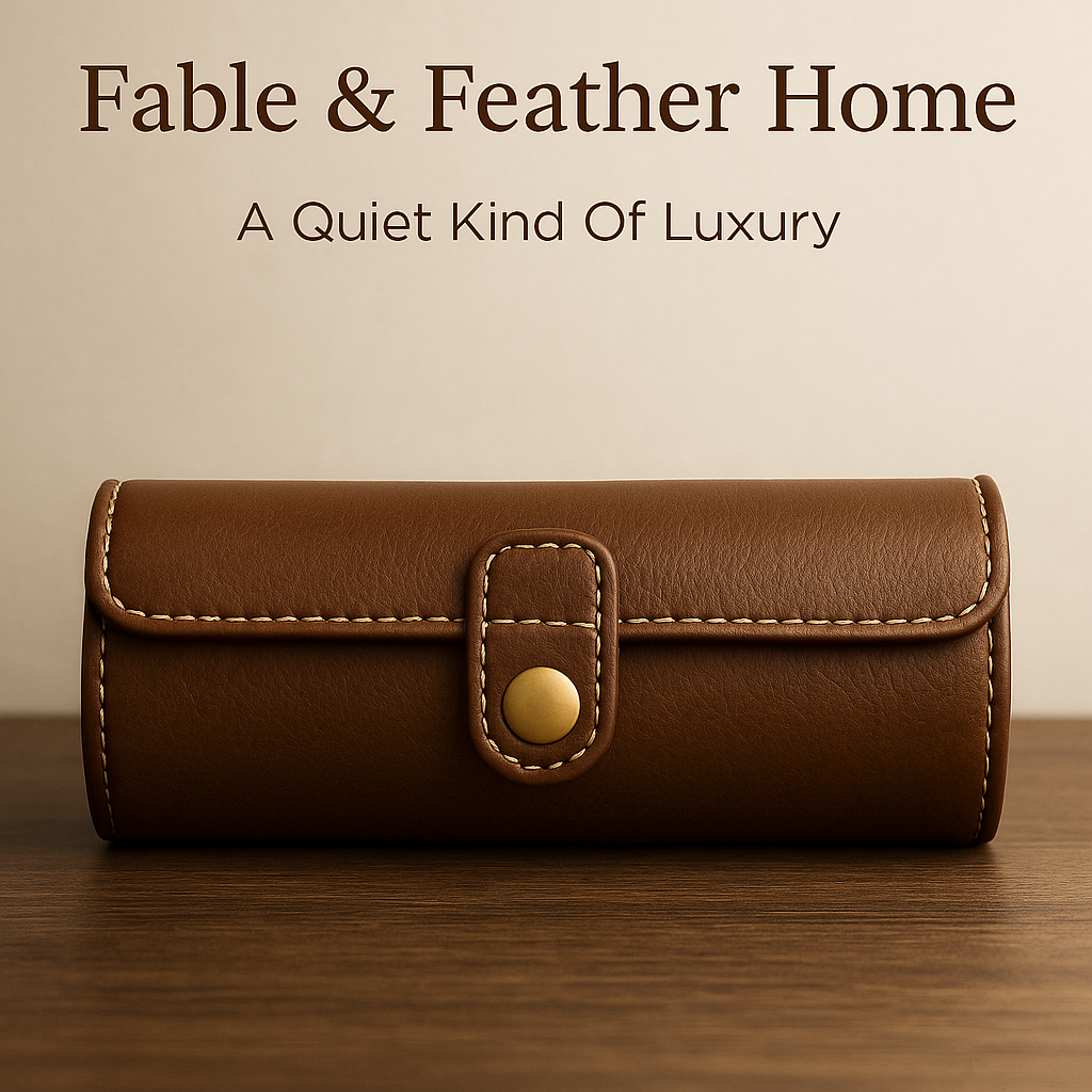 Luxury brown leather watch roll case with cream stitching and brass snap, Fable & Feather Home branding above.