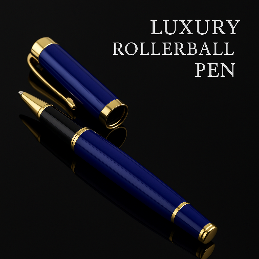 Luxury Blue & Gold Rollerball Pen – Stainless Steel, Black Ink.
