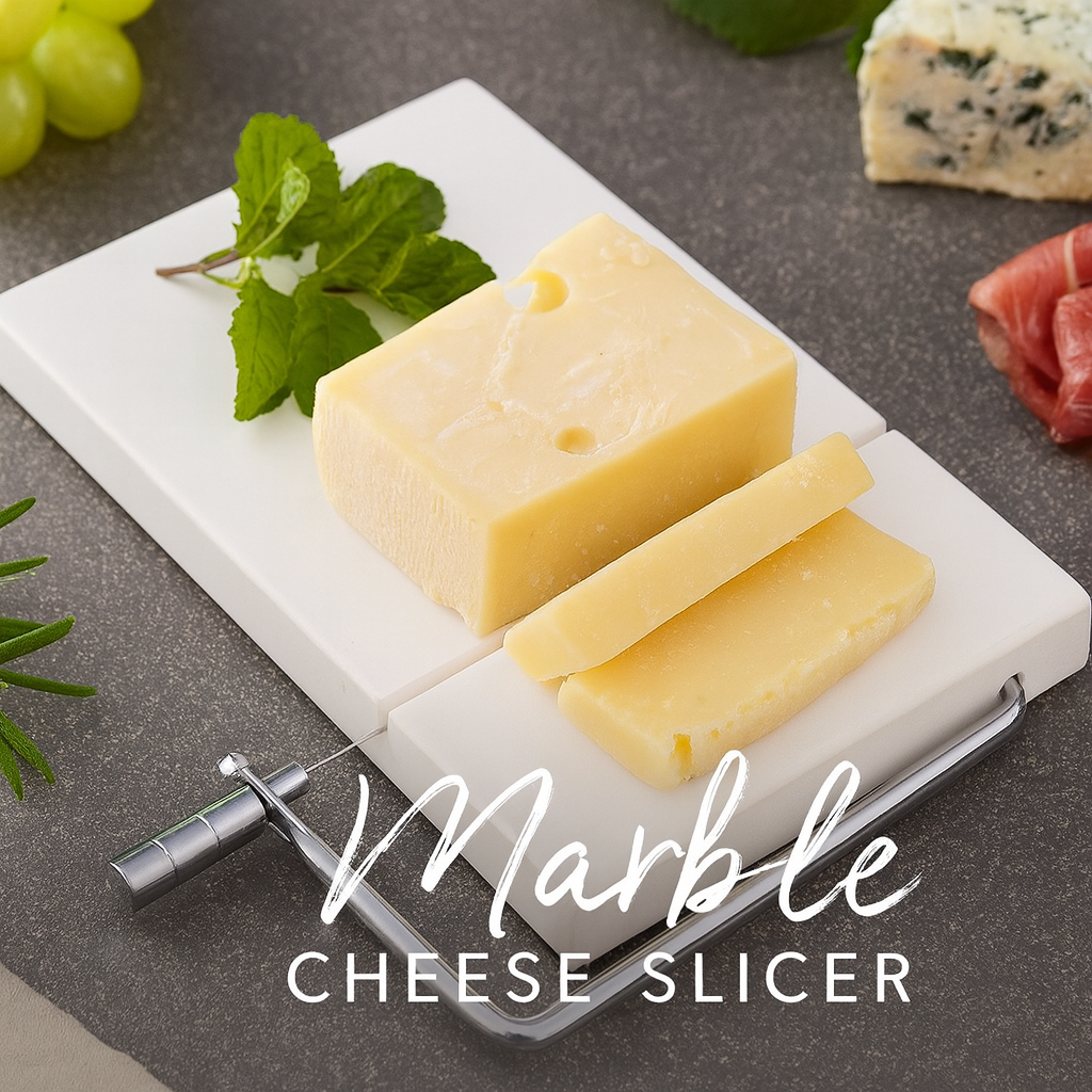 Luxury marble cheese board with stainless steel cutter, perfect for charcuterie and elegant kitchenware gifts