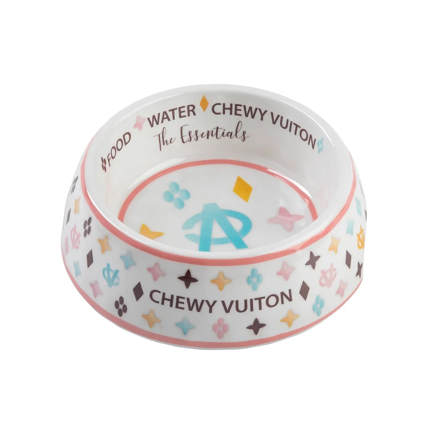 Chewy Vuiton luxury dog bowl with non-skid base in small, medium, and large sizes