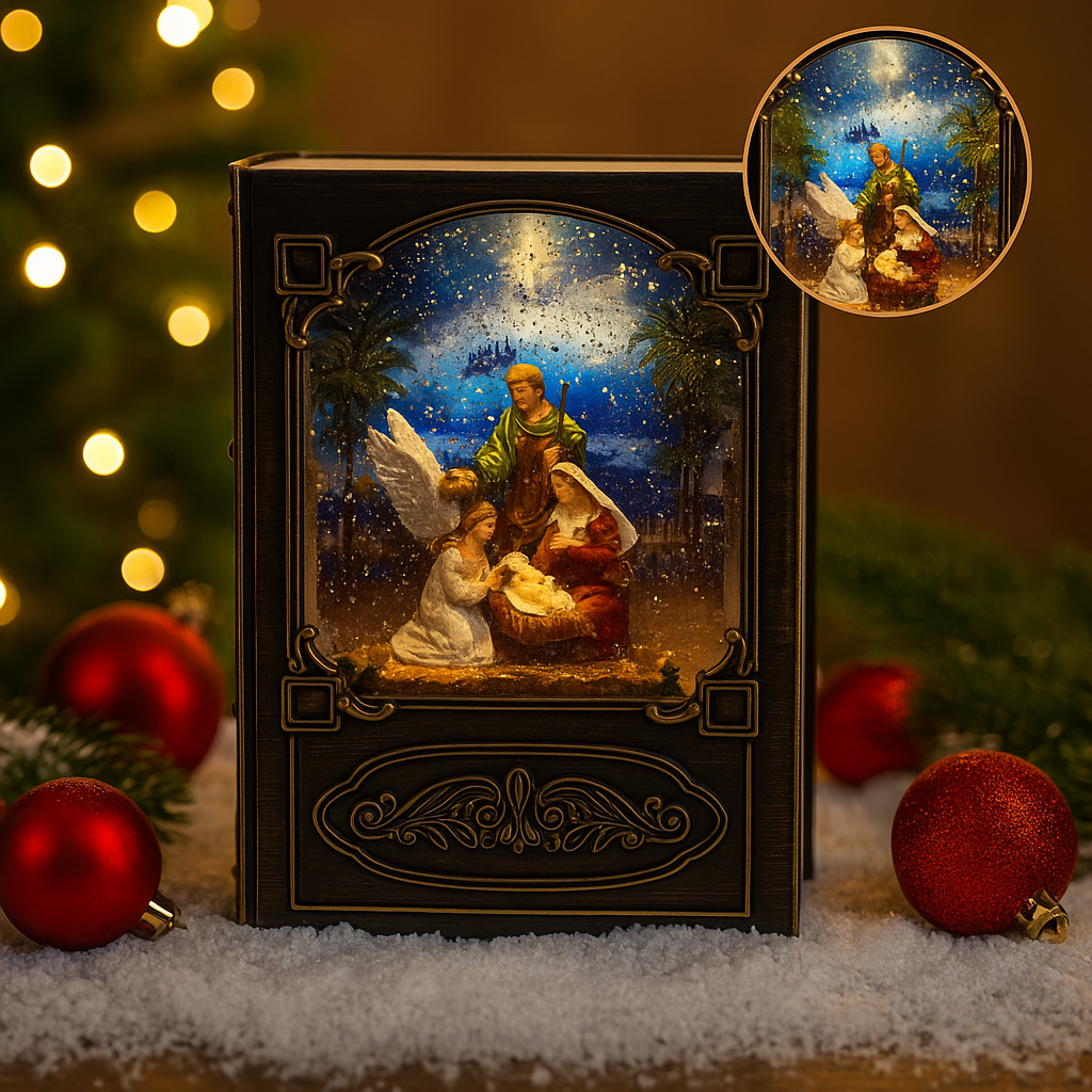 Light-up Nativity book decoration with snow effect