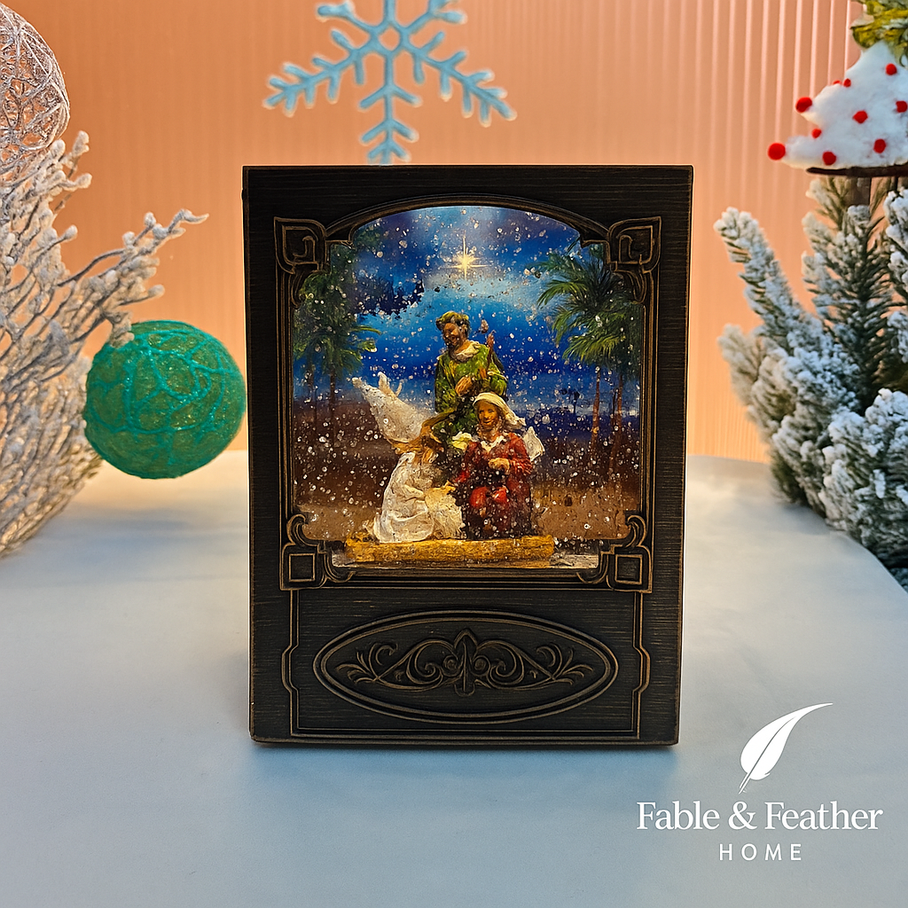 Nativity snow globe book with Holy Family scene – Fable & Feather Home