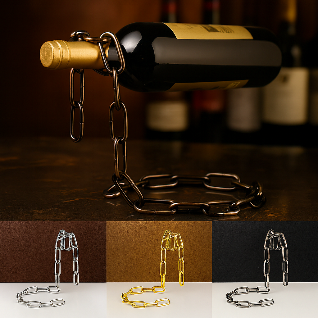 Floating chain wine bottle holder in copper, modern gravity wine rack, unique luxury wine stand for elegant display