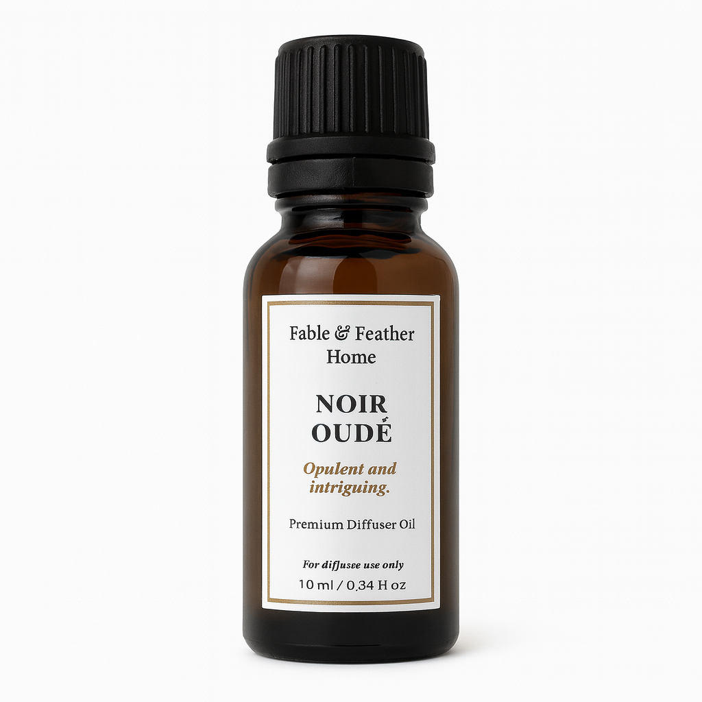 Noir Oud diffuser oil 10 ml amber bottle – luxury smoky oud wood scent by Fable & Feather Home.