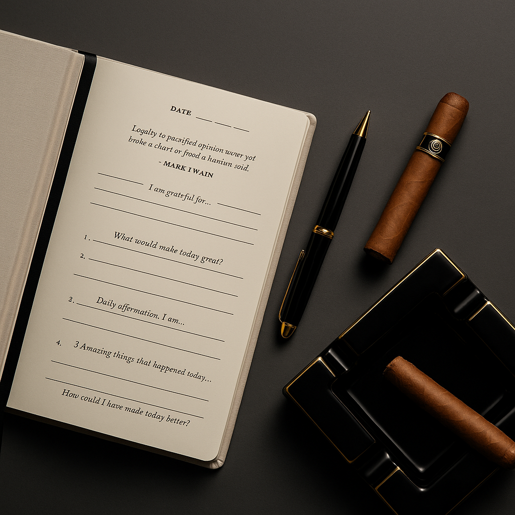 Open gratitude journal with writing prompts, pen, and cigars on a dark surface