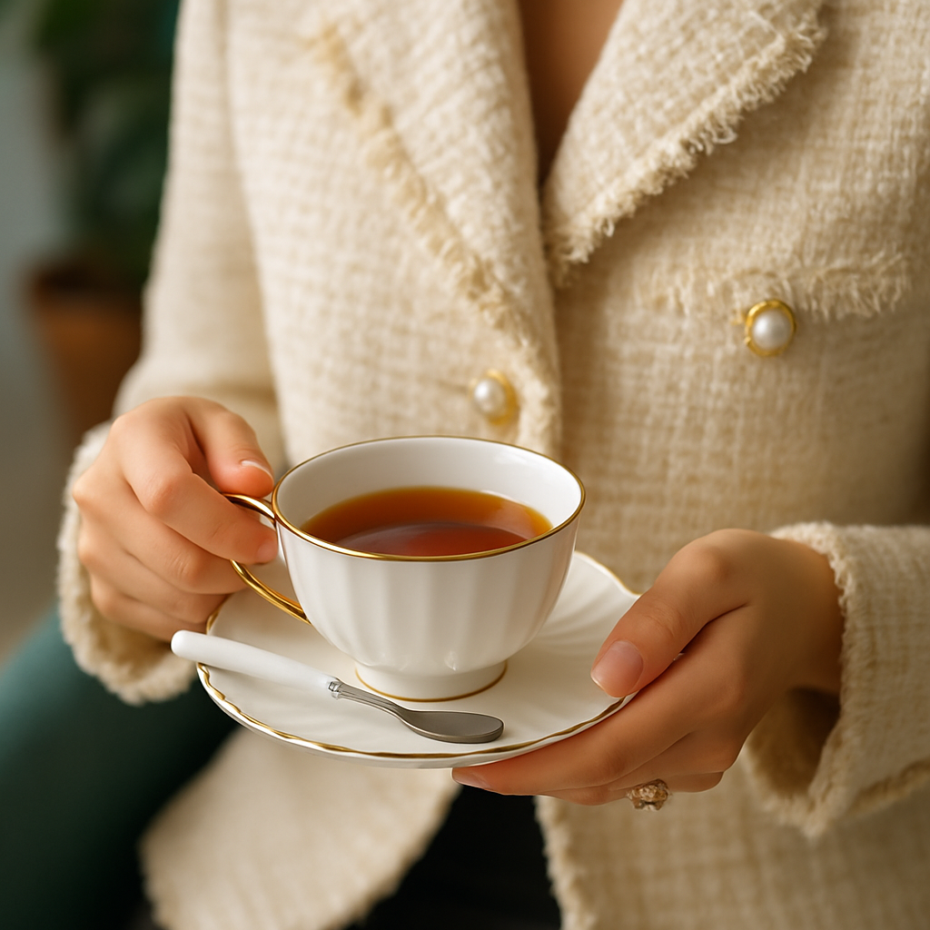Elegant gold rimmed ceramic teacup with saucer and spoon, luxury tea set gift box perfect for teacup lovers in Canada