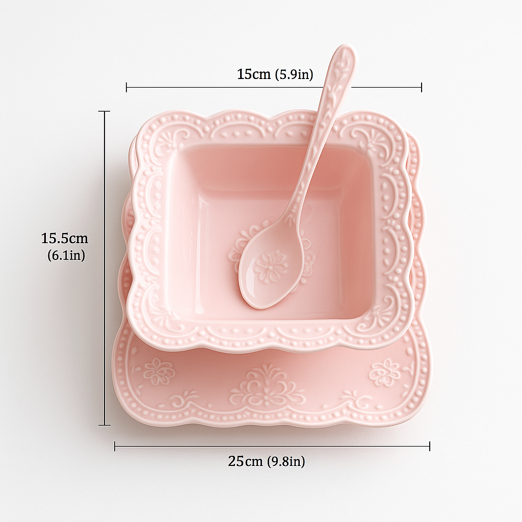 Elegant Belle Époque ceramic dessert bowl set with plate and spoon, pink-white embossed design for luxury dining